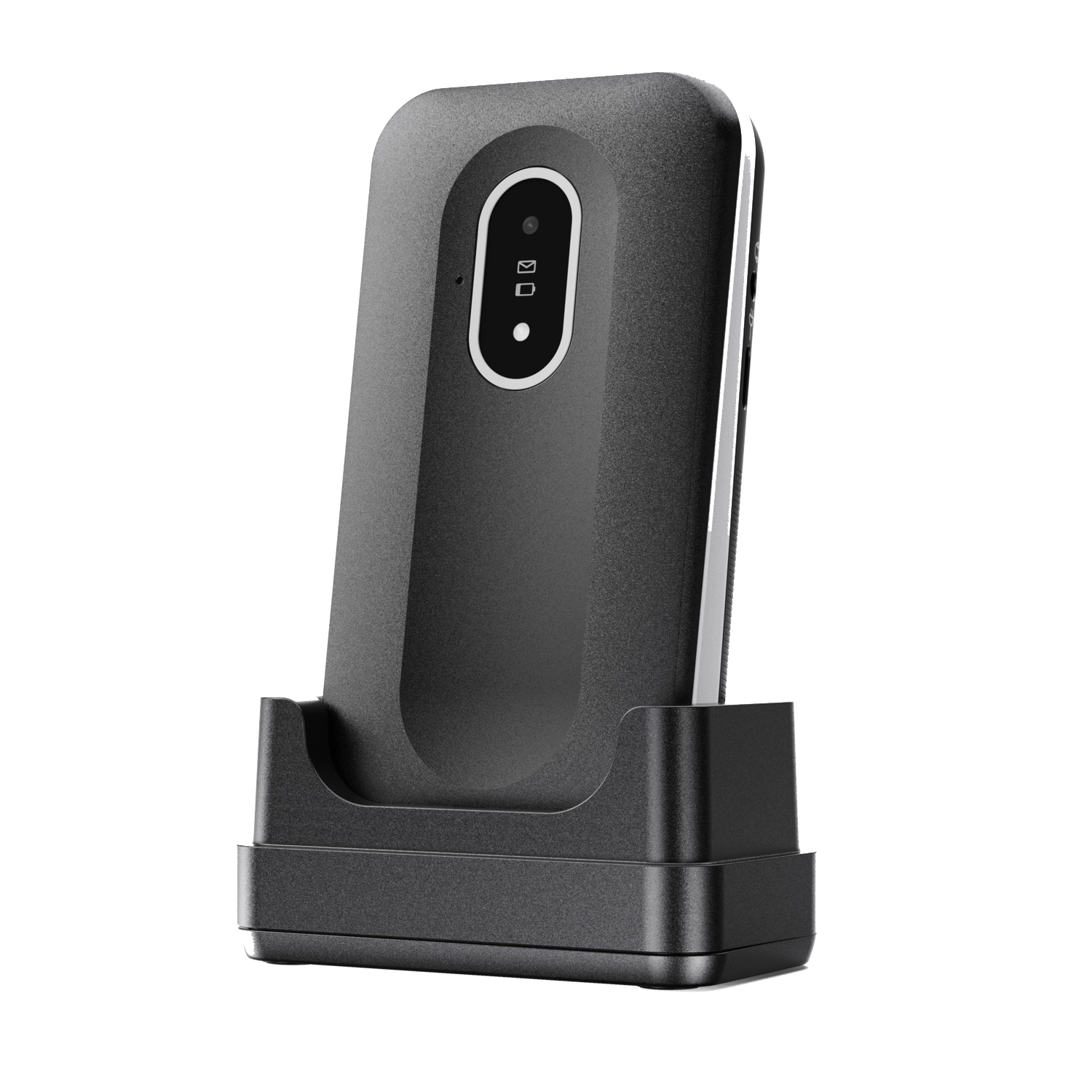 A black phone with a camera, message icon, and a charging dock on a white background. The phone has a silver edge.
