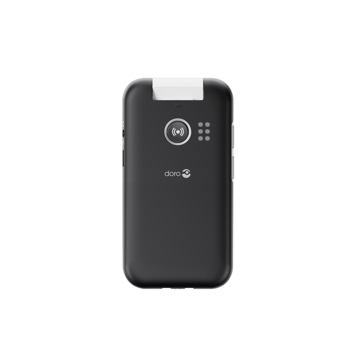 A black Doro phone with a white top. It has a call button and a speaker. The background is white.