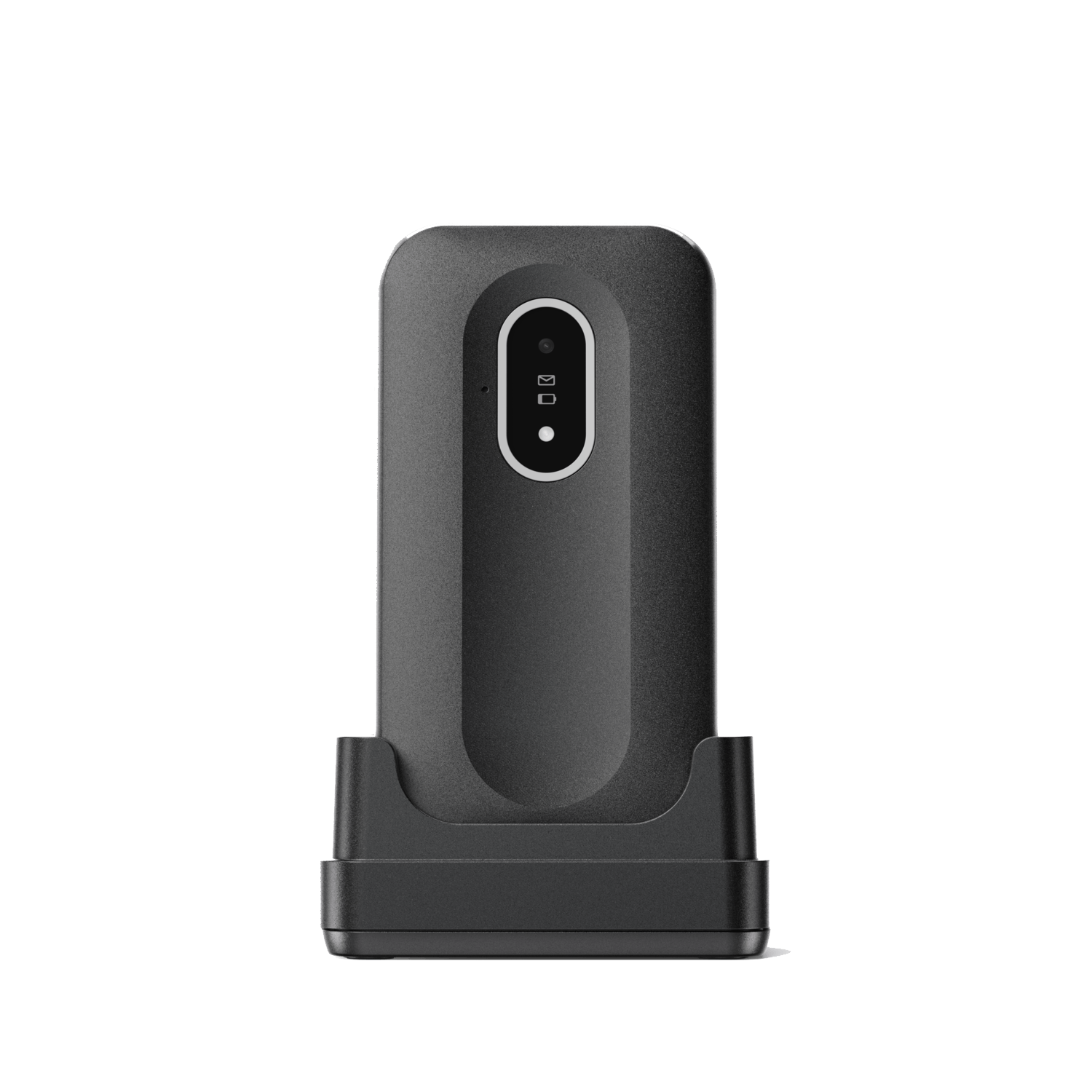 A black device with a dock is centered against a white background. It has a screen with lights and a white dot.
