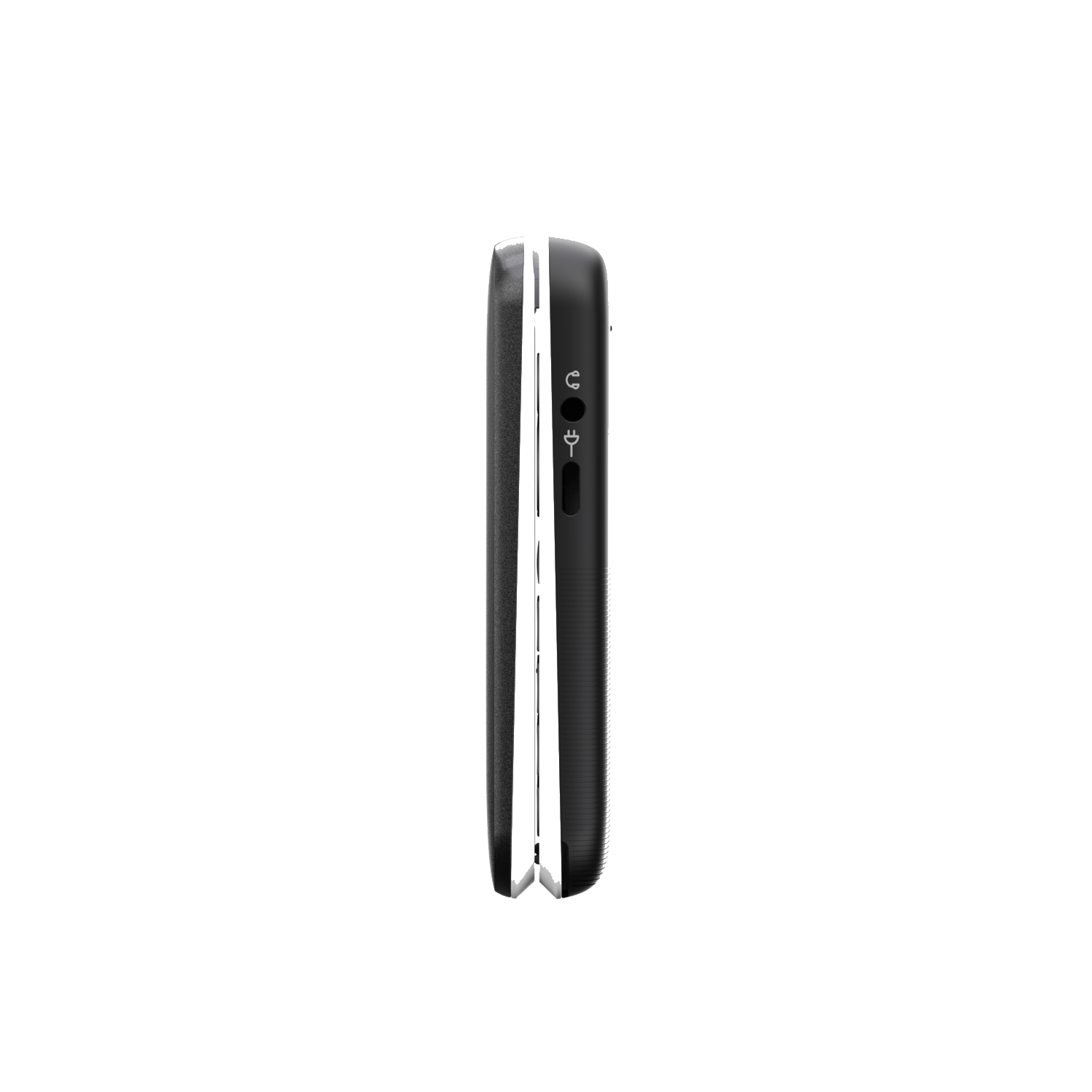 Side view of a black and silver flip phone. The phone is closed, showing a ribbed texture on the back and ports on the side.
