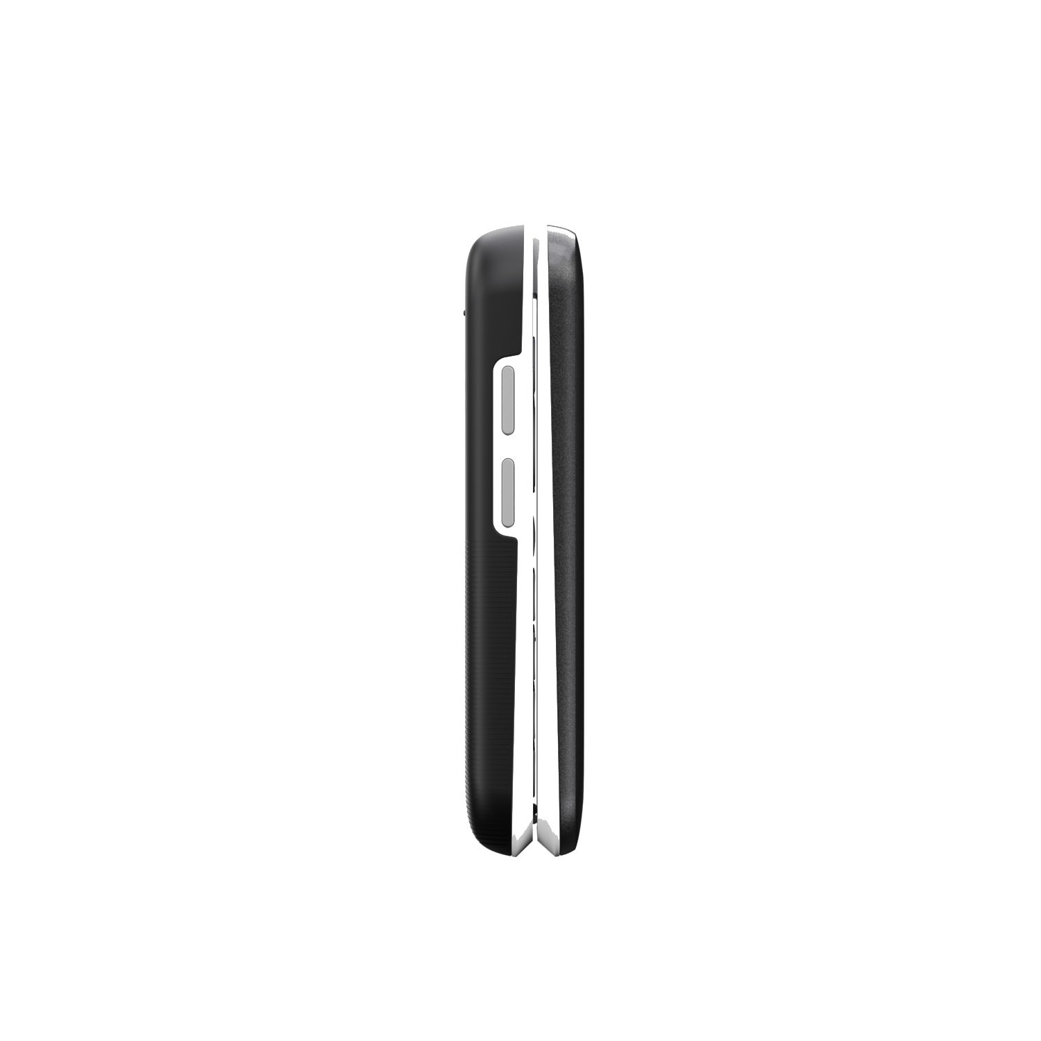 Side view of a black and white flip phone on a white background. The phone is closed, showing buttons.