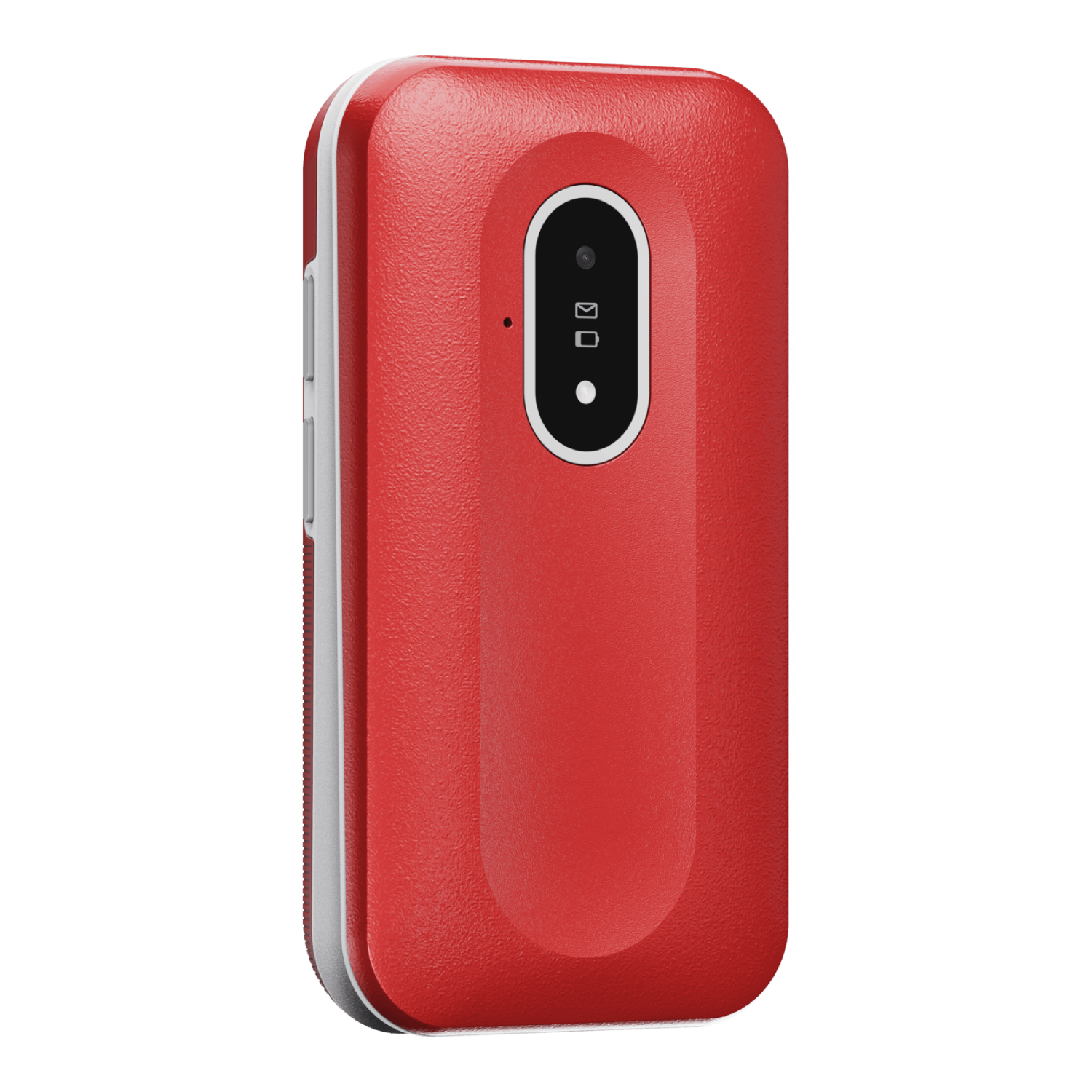 A red flip phone with a black screen and camera is displayed. It has silver accents and is set against a white background.