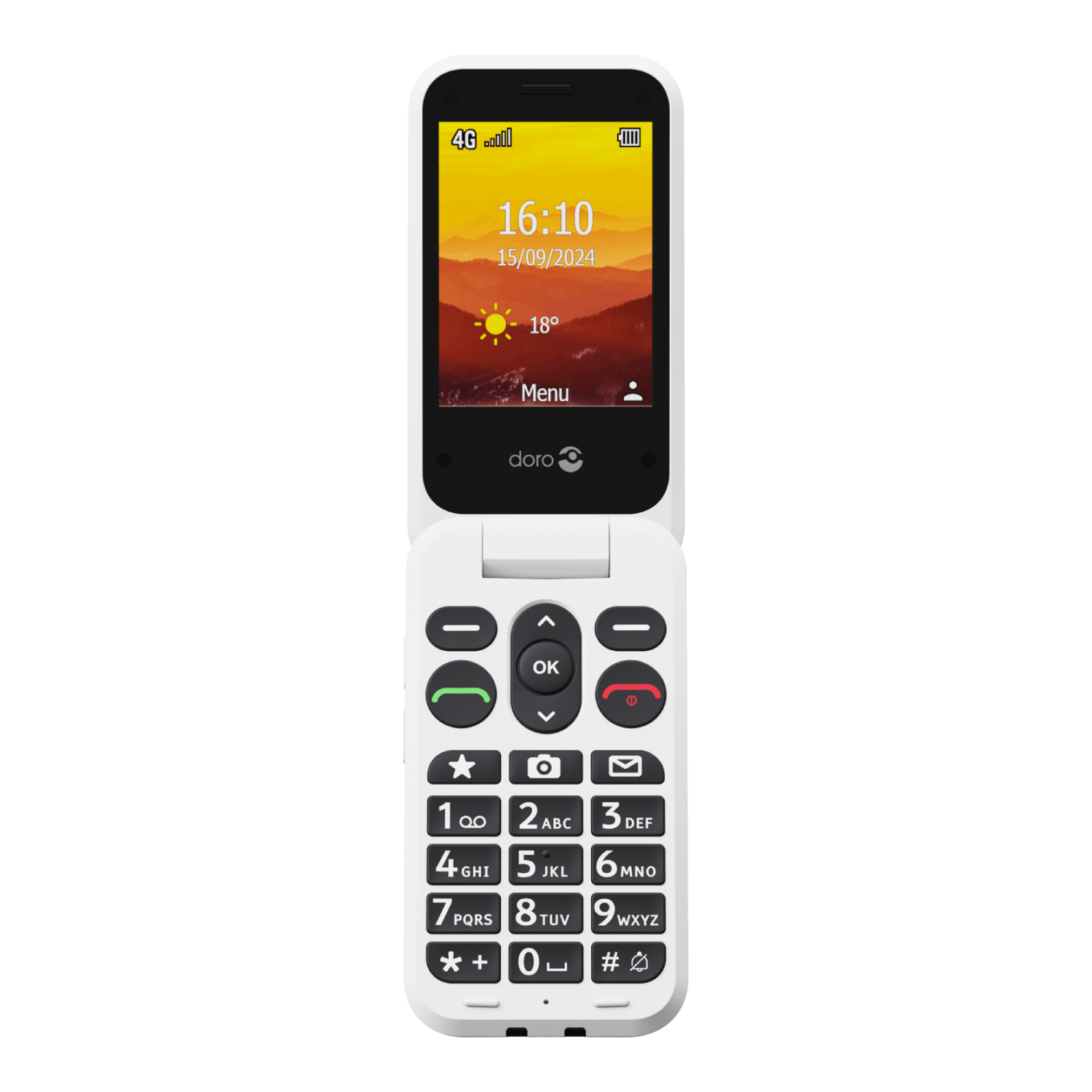 A white flip phone with a screen displaying the time and date. It has a keypad with large buttons and a 'doro' logo.