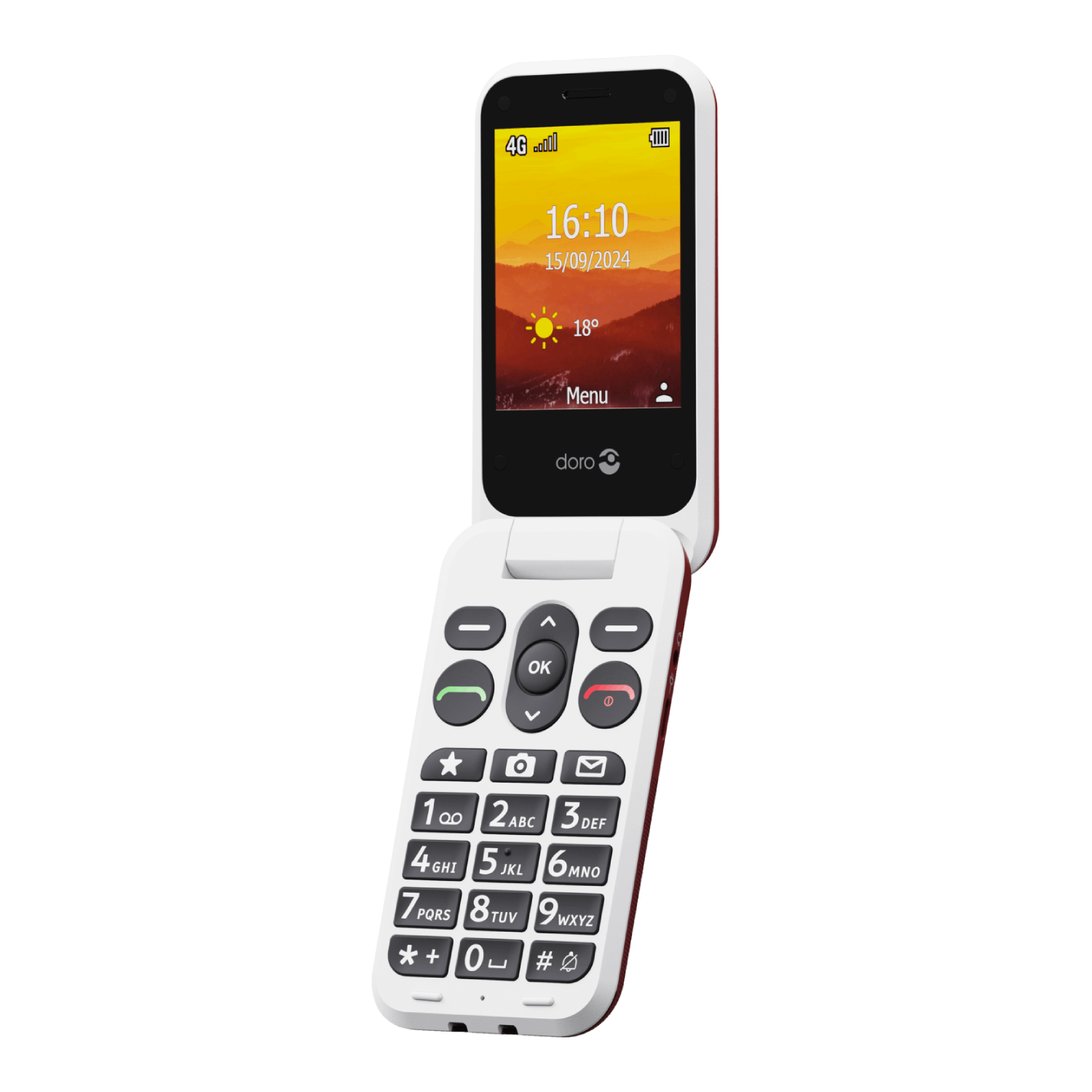 A white flip phone with a screen displaying the time and date. It has a keypad with large buttons, and a red and white design.