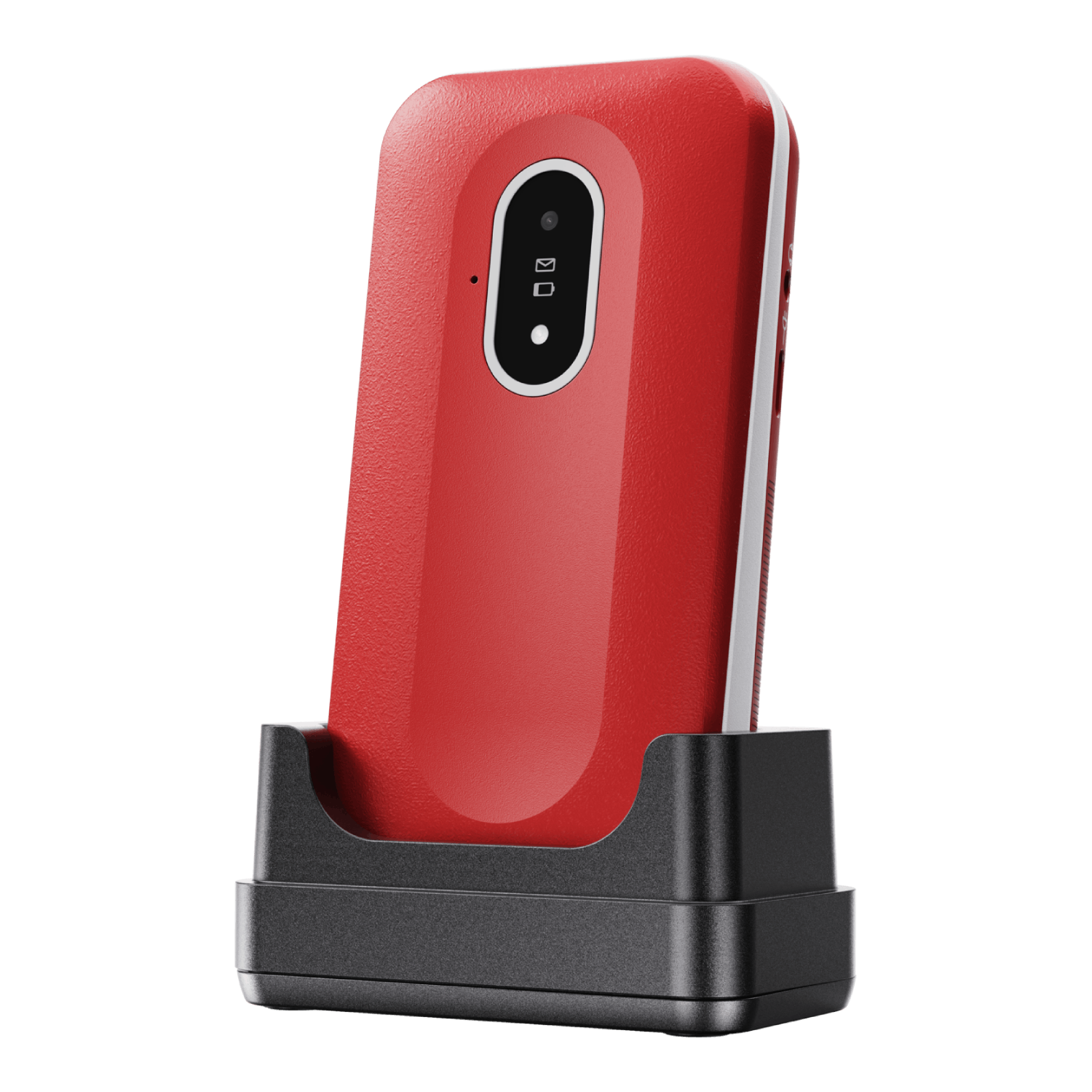Red phone on a black charging dock. The phone has a camera, an email icon, and a speaker. White background.