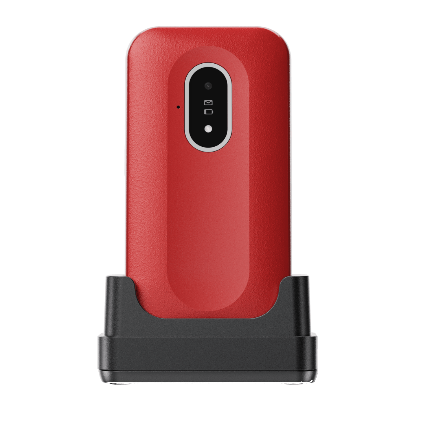 A red rectangular device with a small screen and icons, in a black charging dock. White background.