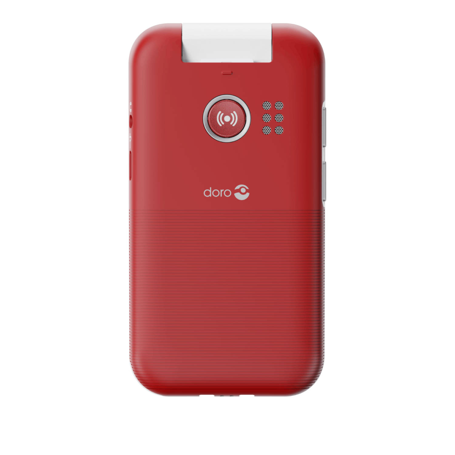 A red Doro flip phone with a white top. It has a call button, speaker holes, and volume buttons. The Doro logo is visible.
