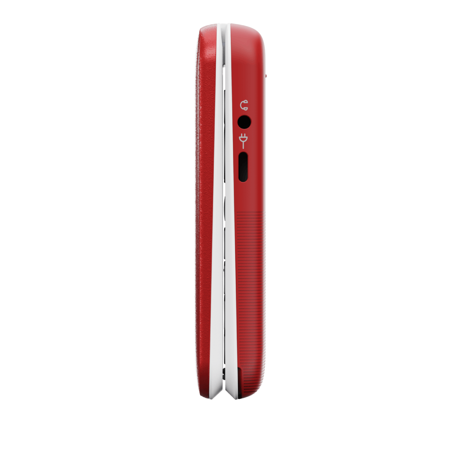 Side view of a red flip phone with white accents. The phone has a headphone jack and a charging port.