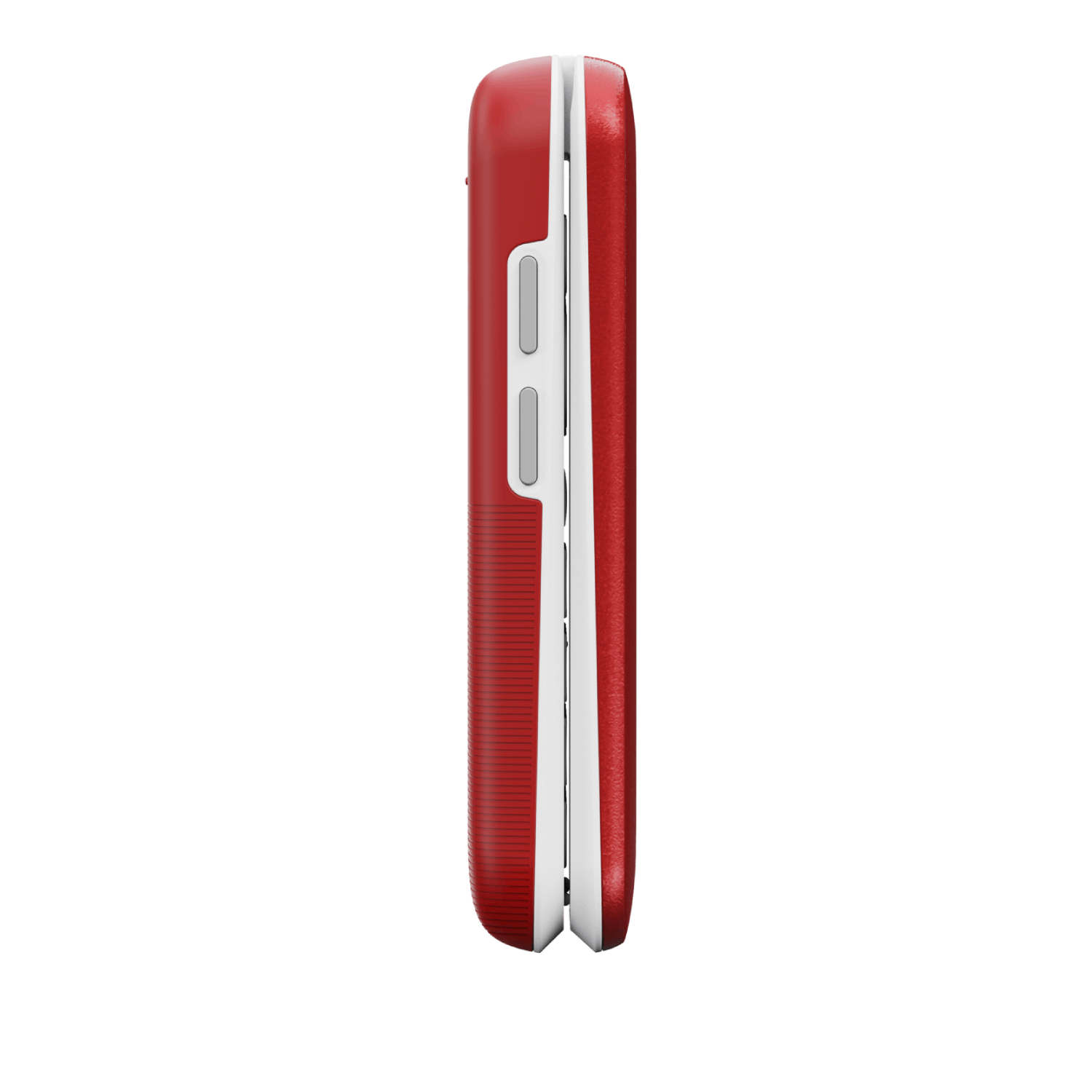 Side view of a red and white flip phone. Two white buttons are visible on the red side. The phone is closed.