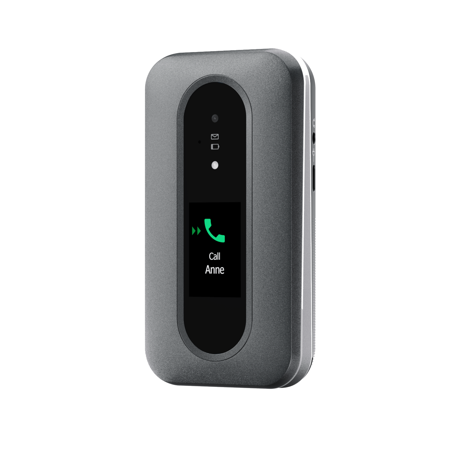 A gray device with a screen displaying a green phone icon and 'Call Anne'. A white background is present.