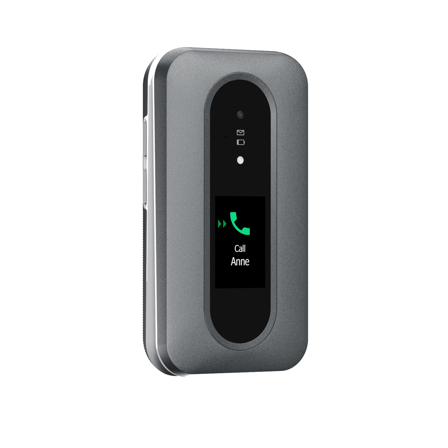 A gray flip phone is shown. The screen displays a phone icon and 'Call Anne'. It has a camera and other indicators.