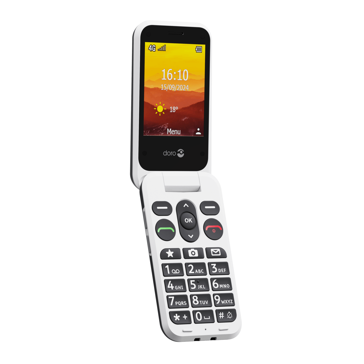 A white flip phone with a black screen displaying the time and date. It has a keypad with large buttons, and the screen is open.