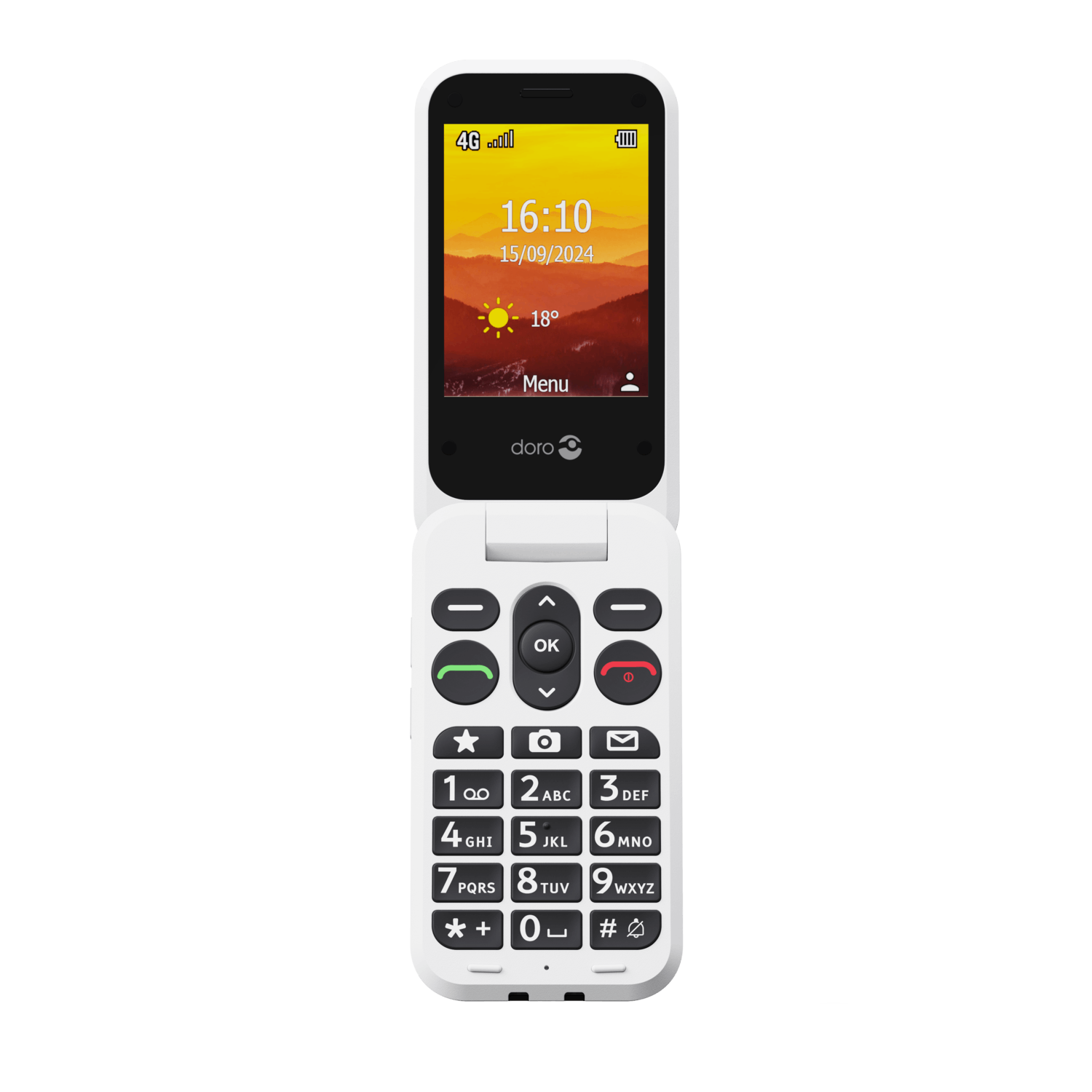 A white flip phone displays the time 16:10. The phone's screen shows a sunset image with a weather icon and the date.