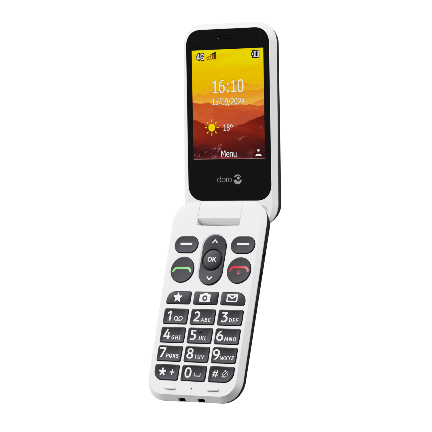 A white flip phone with a screen displaying the time and date. It has large buttons and a simplified interface.