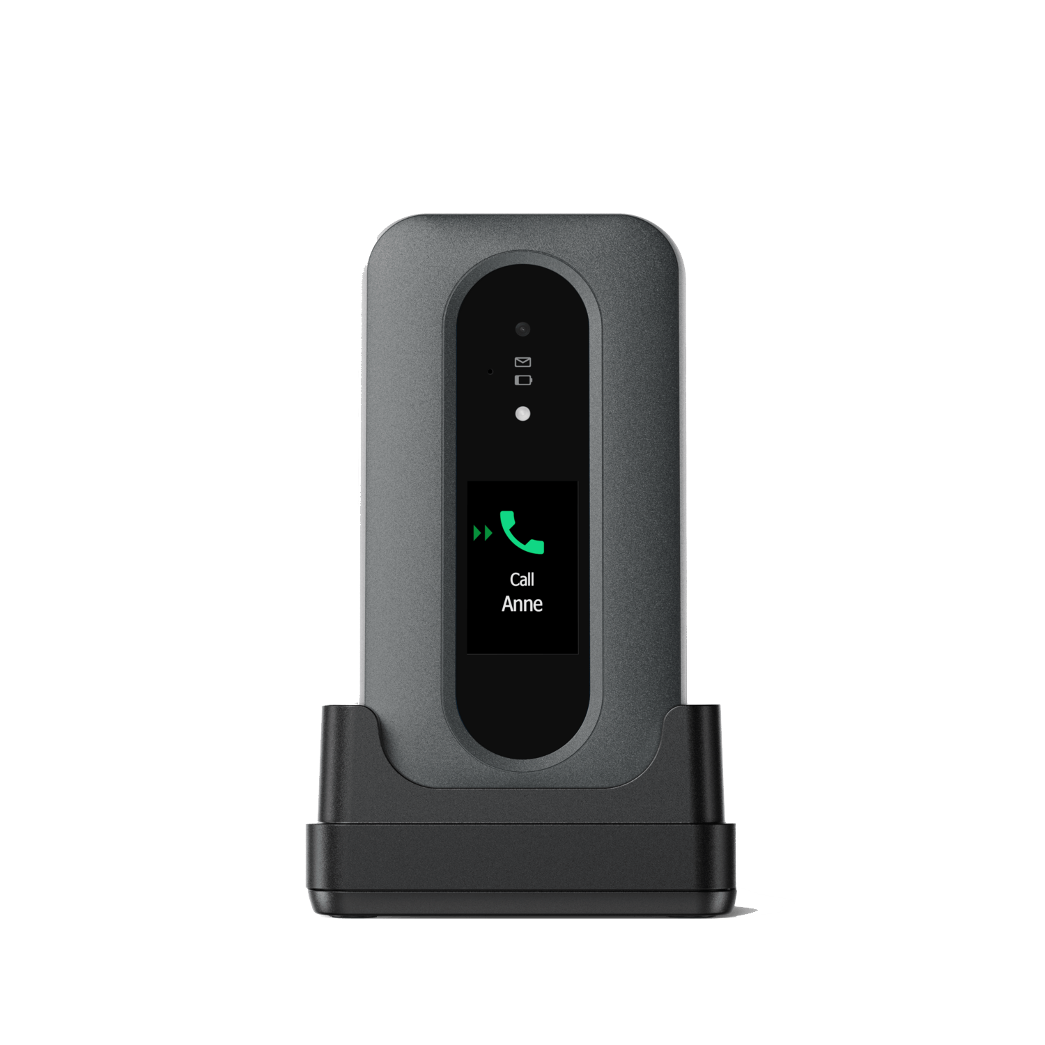 A gray phone device on a black stand. The screen shows a green call button and 'Call Anne'.