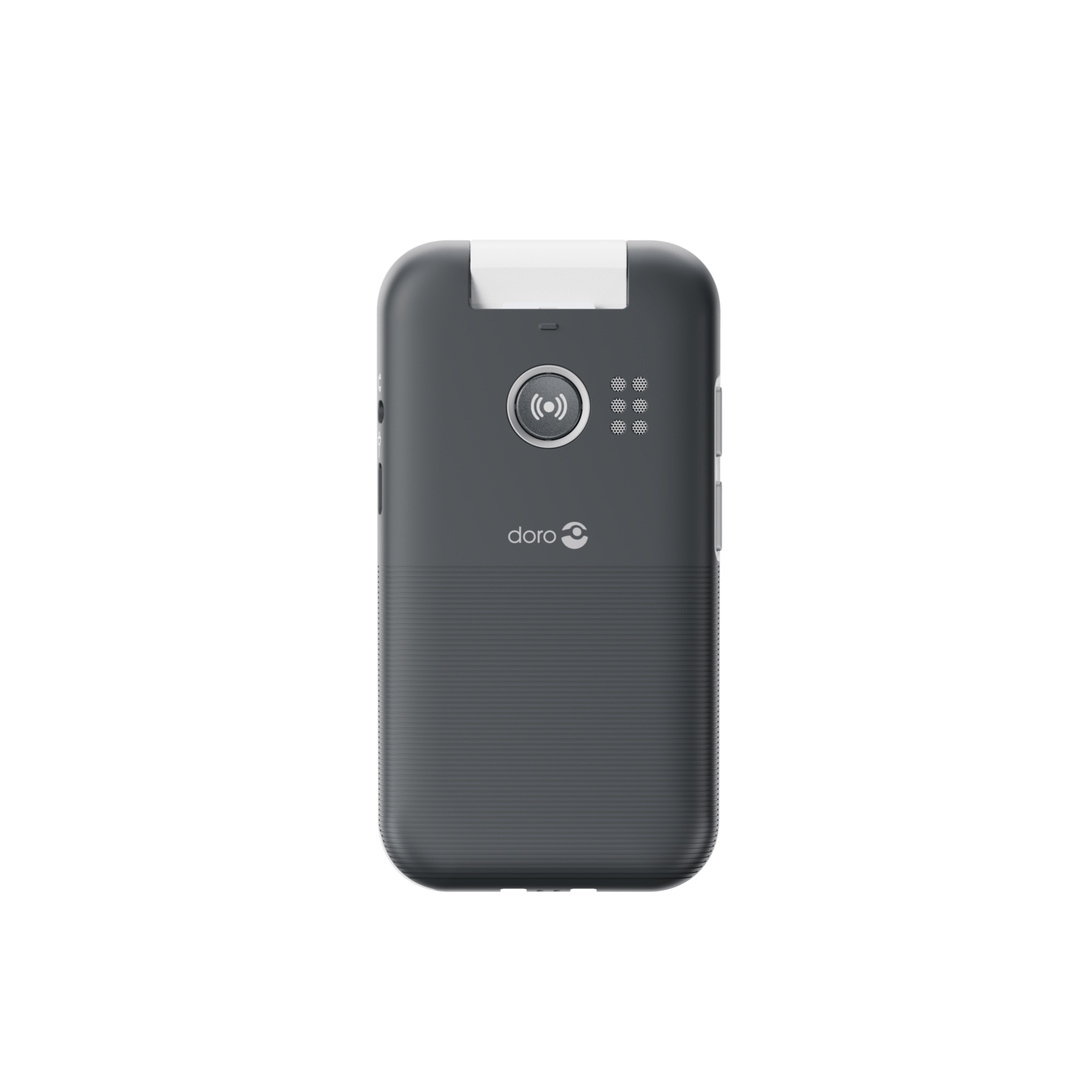 A dark gray rectangular device with a white top. It has a circle button with signal icon and the 'doro' logo.