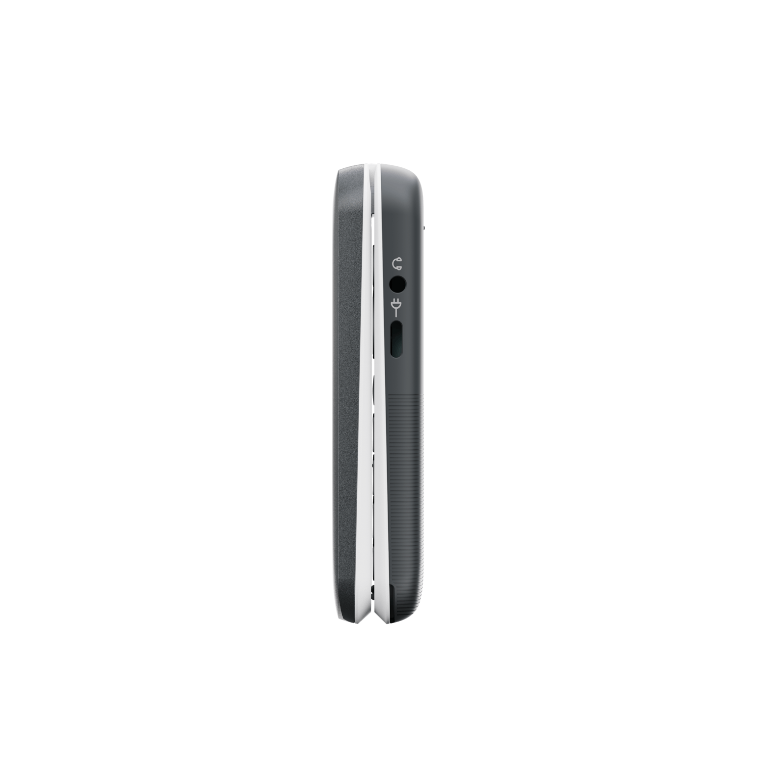 Side view of a dark gray device. It has a headphone jack and a power button. The device is set against a white background.