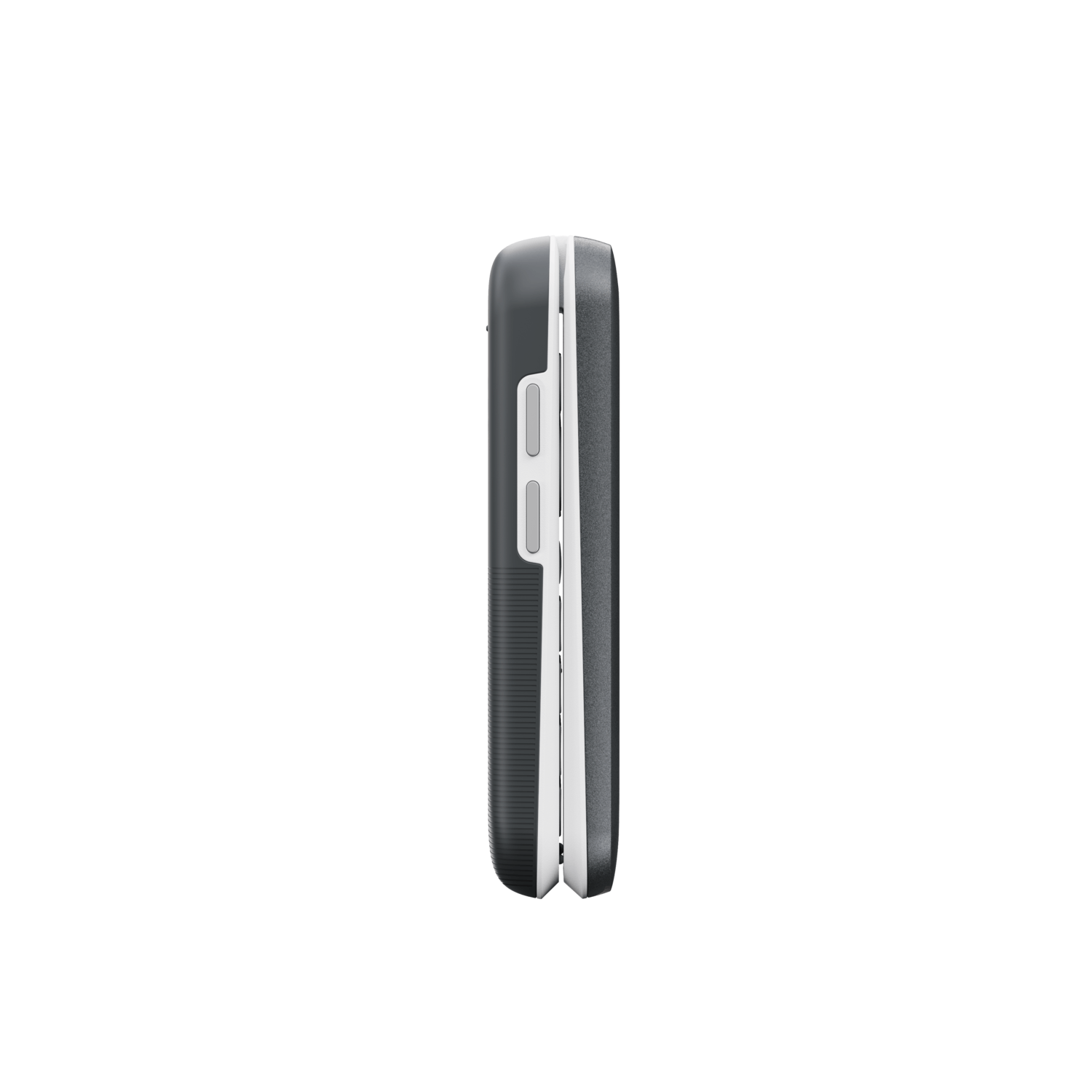 Side view of a closed, dark gray flip phone with white accents and buttons, set against a plain white background.