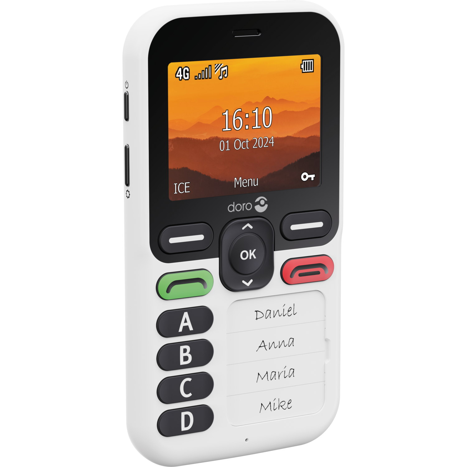 A white Doro phone with a screen displaying the time and date. It has large buttons and a list of names. 