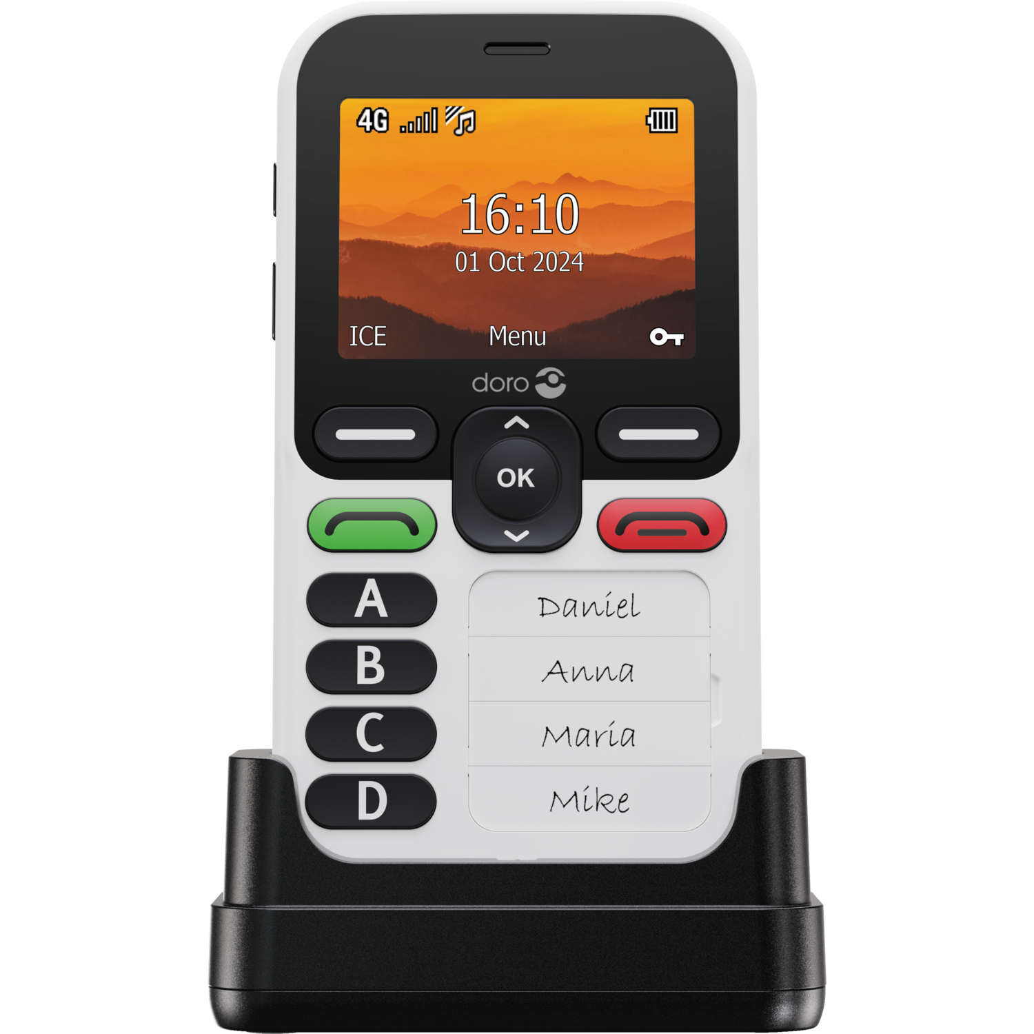 A white Doro phone in its black charging cradle. The screen shows the time and date. Buttons include A, B, C, D and names.