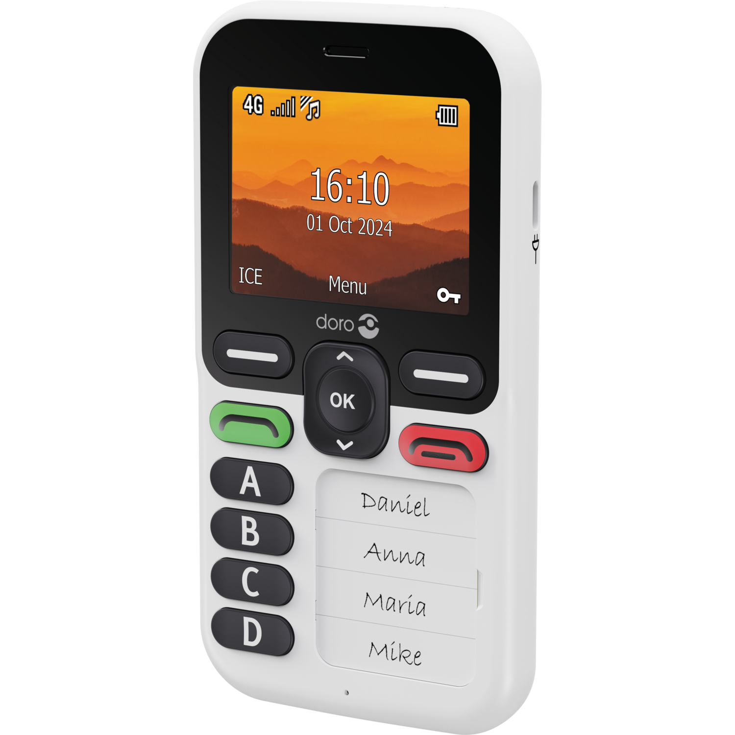 A white Doro phone with a black screen showing the time. It has large buttons and a list of contacts. 