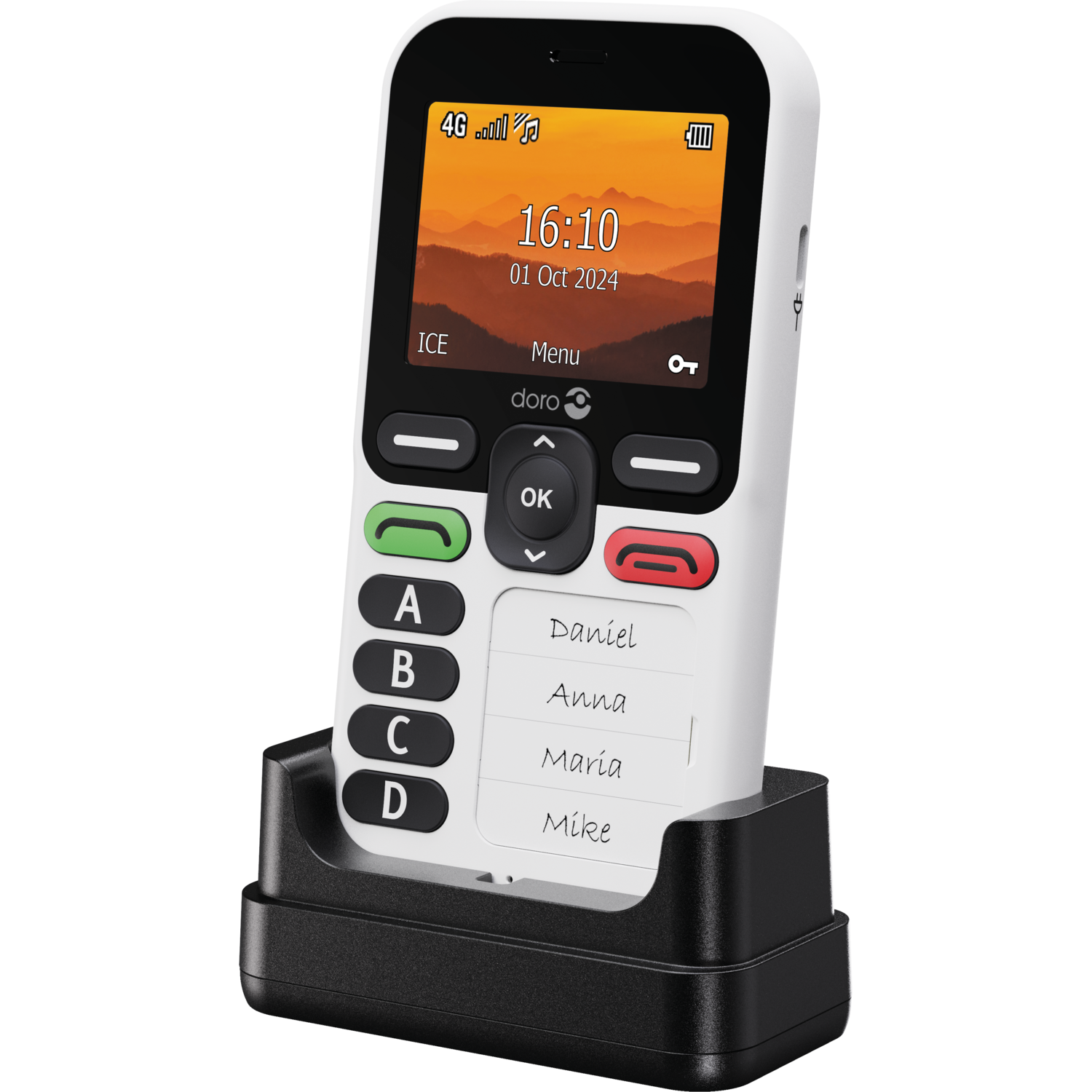 A white Doro phone in a black charging base. The screen shows time and date. Buttons include OK, ICE, menu, and call buttons.