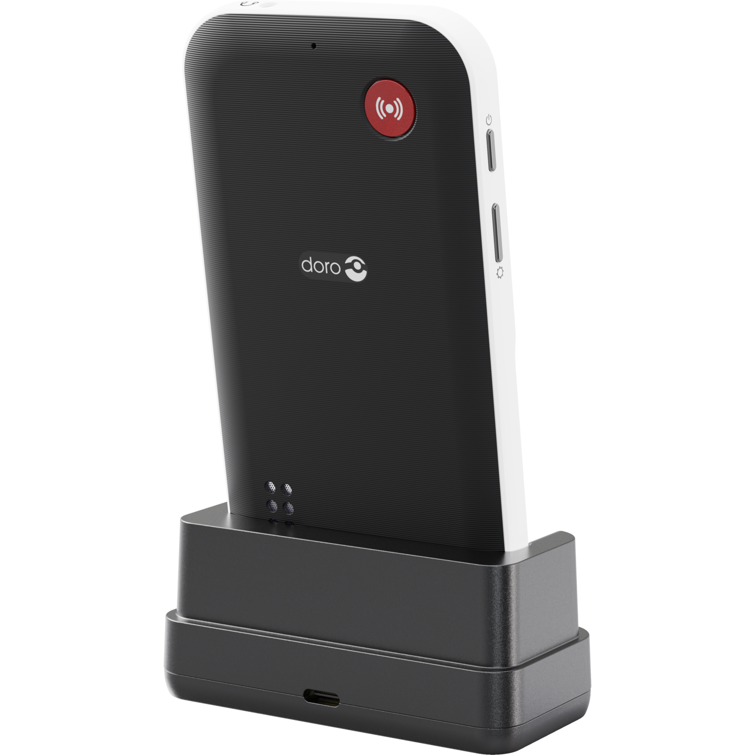 A black and white Doro phone in a black charging dock. It has a red emergency button. The Doro logo is visible on the phone.