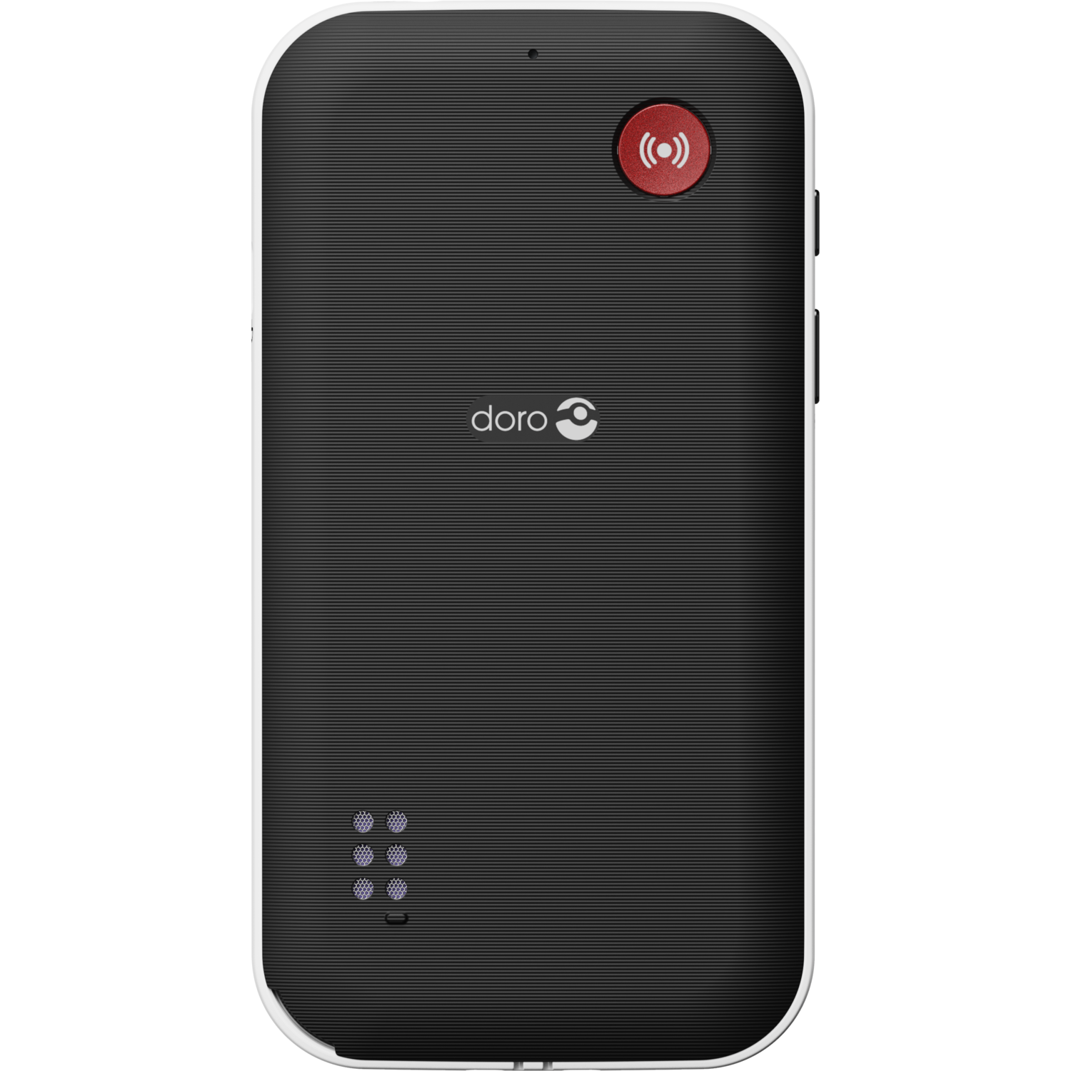 A black Doro device with a red button and speaker holes. White border. Logo 'doro'. Black background.