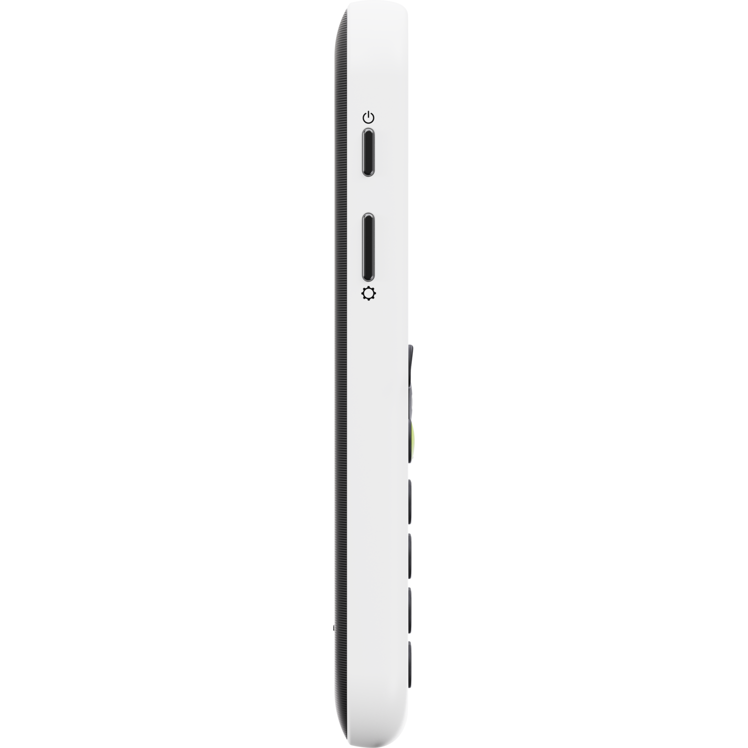 Side view of a white device with a black screen. It has power and setting buttons. The device is on a black background.