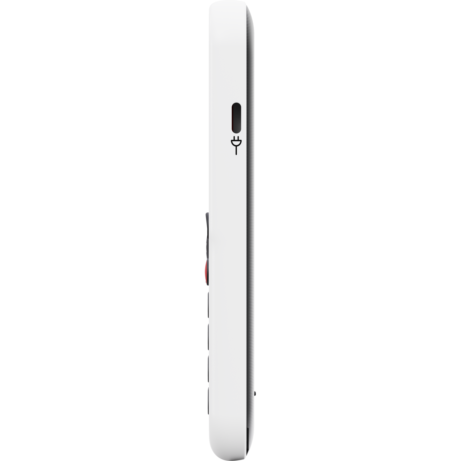 Side view of a white smartphone with a power port icon. The phone has a smooth, rounded design against a black background.