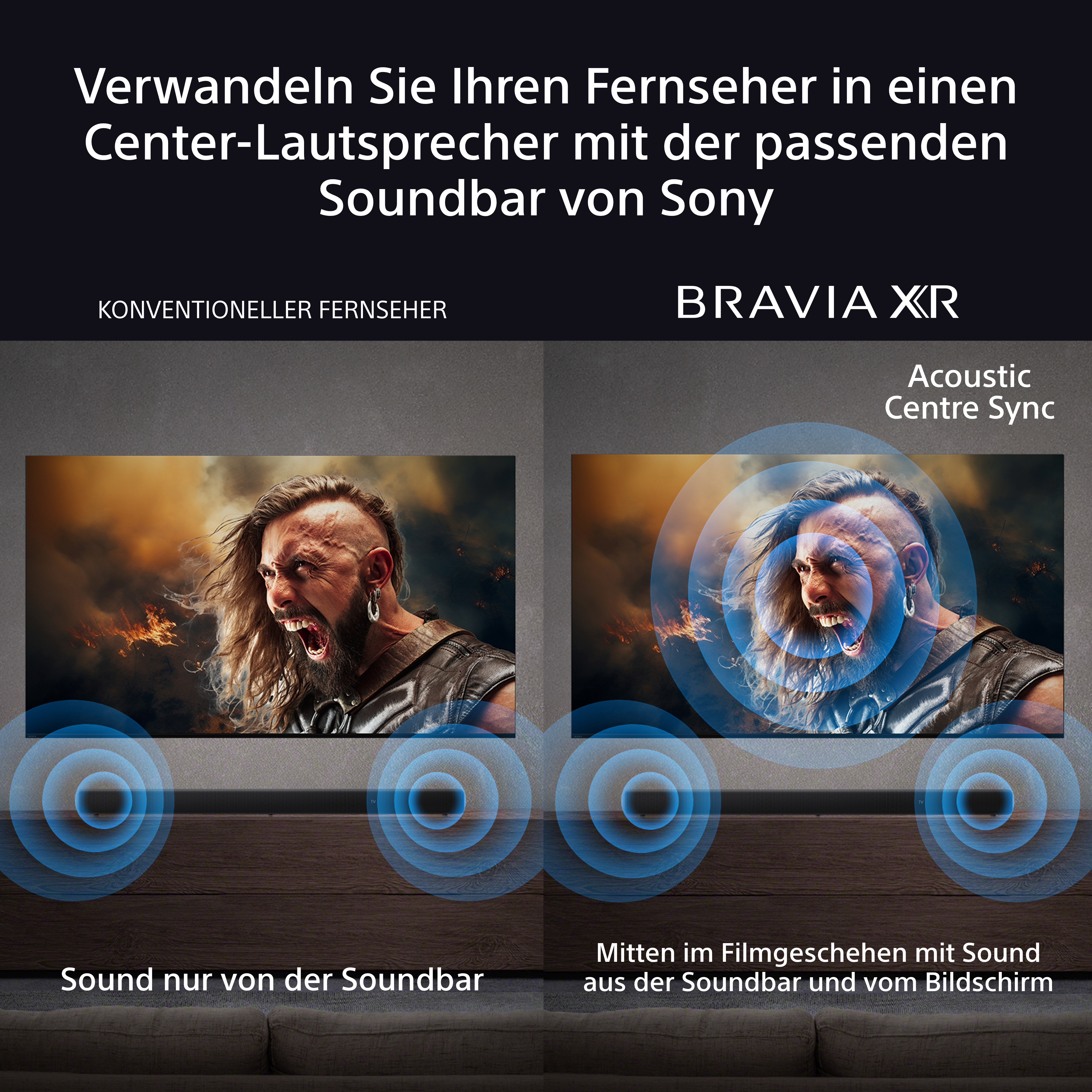 Ein Bild, das einen Fernseher mit Soundbar mit herkömmlichem Fernsehsound vergleicht.