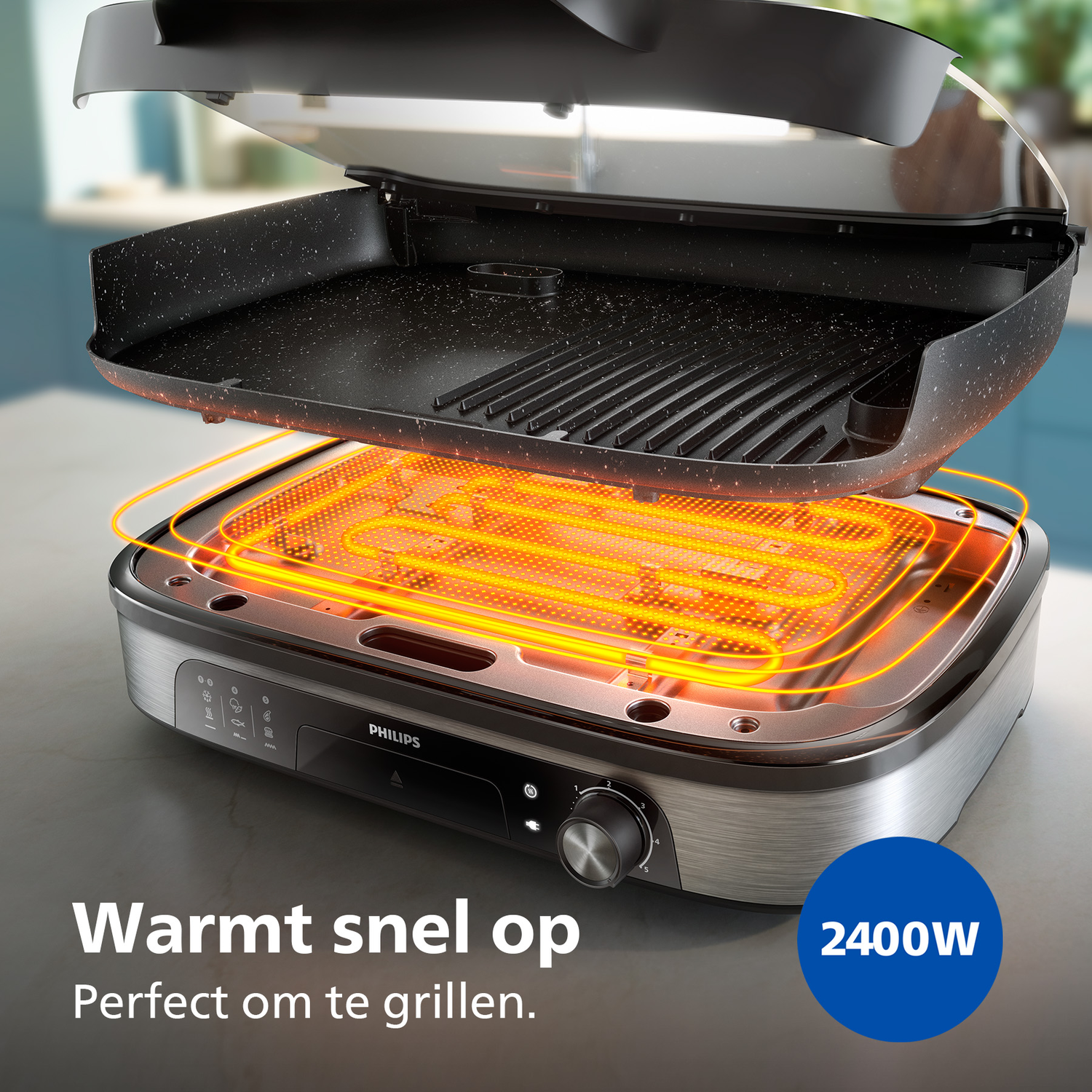 An open Philips grill with a heating element. The grill is black and silver with a blue 2400W circle. Text says "Warmt snel op".