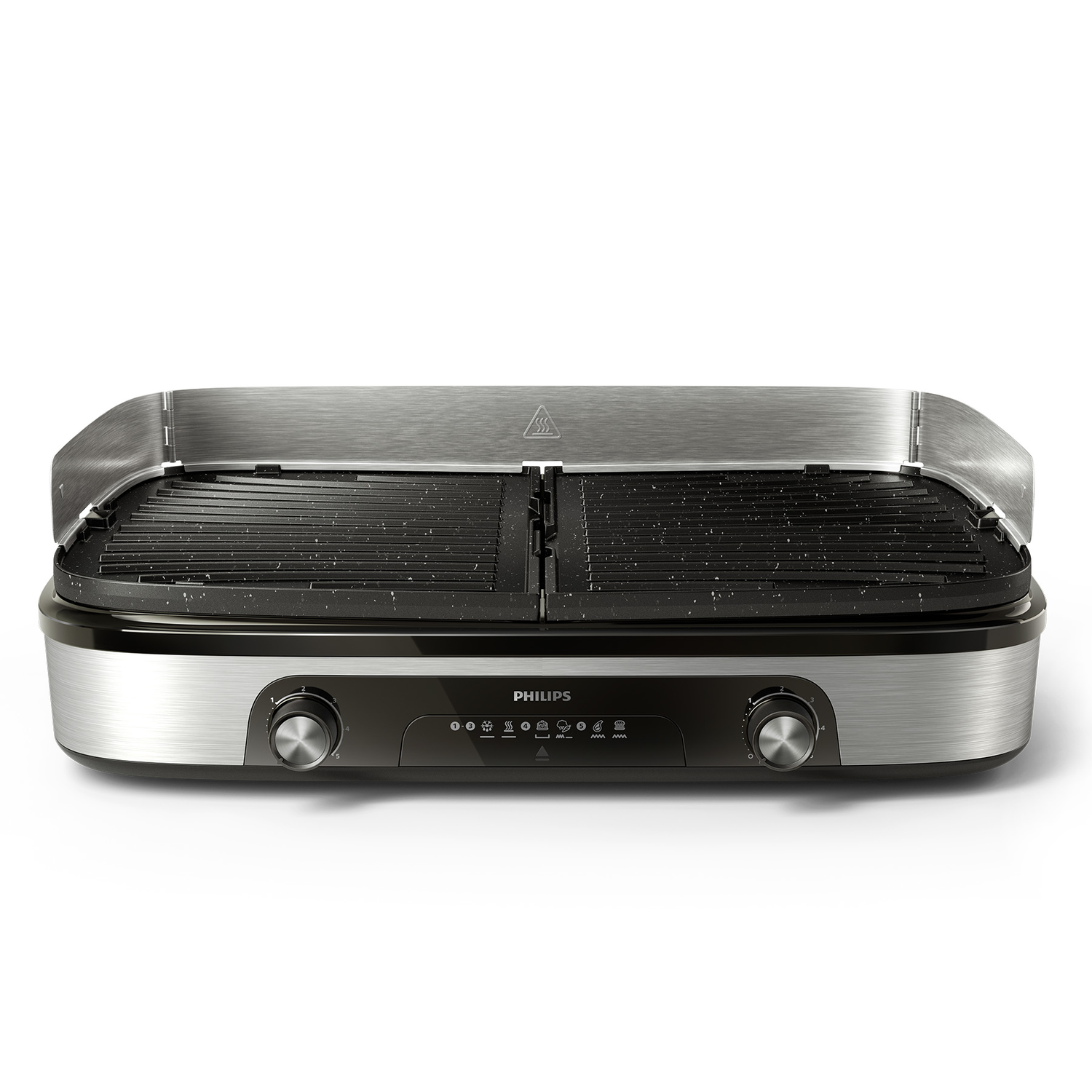 A Philips indoor grill with a black cooking surface, dials, and a silver metal exterior. The grill is on a white background.