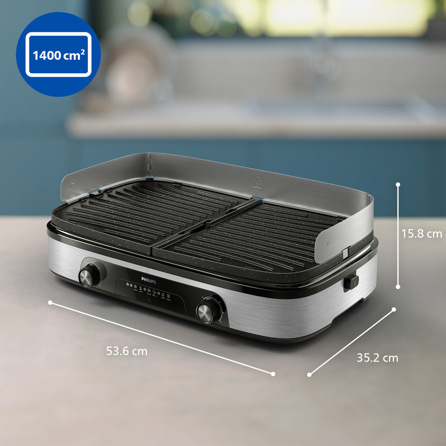 A Philips electric grill, silver and black, with dimensions labeled. A blue circle shows 1400 cm².