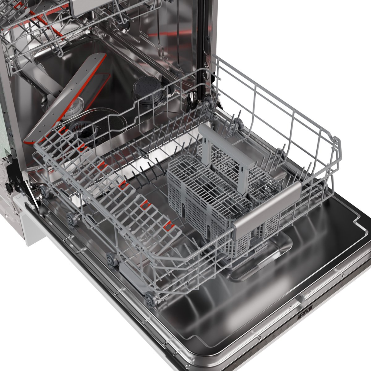 Een open vaatwasser, met het interieur met rekken, een mand en een sproeiarm.