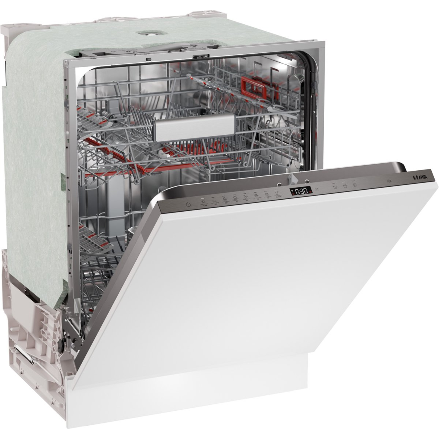 Open vaatwasser met witte deur, interieur met rekken en bediening.