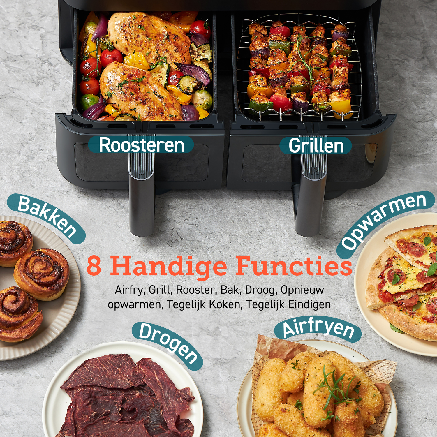 An air fryer with images of food and descriptions of functions.