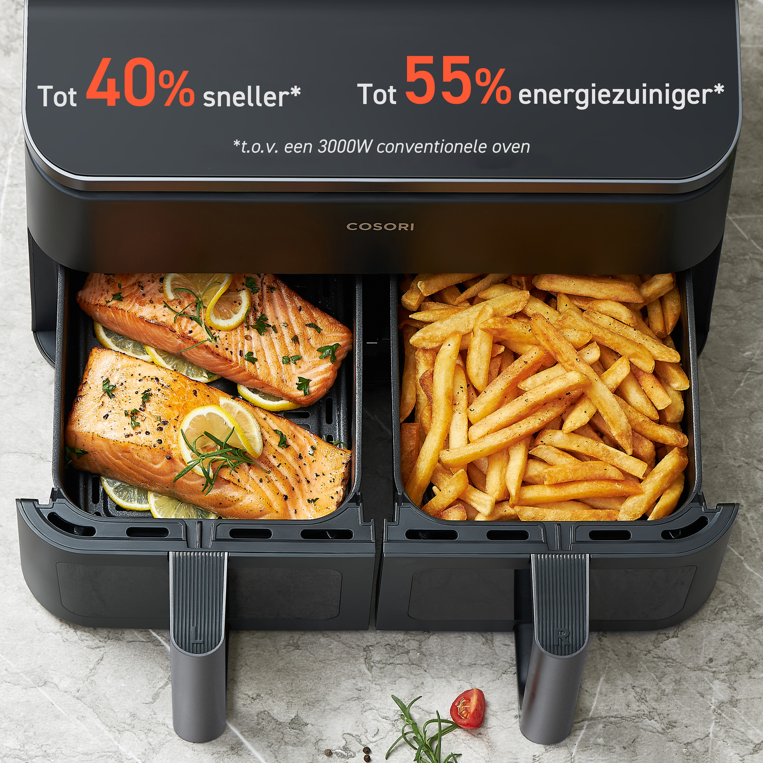An air fryer with salmon and fries, with text showing its features.