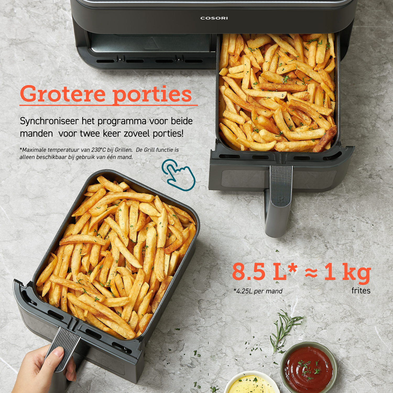 Air fryer with fries in baskets, text with instructions and condiments.