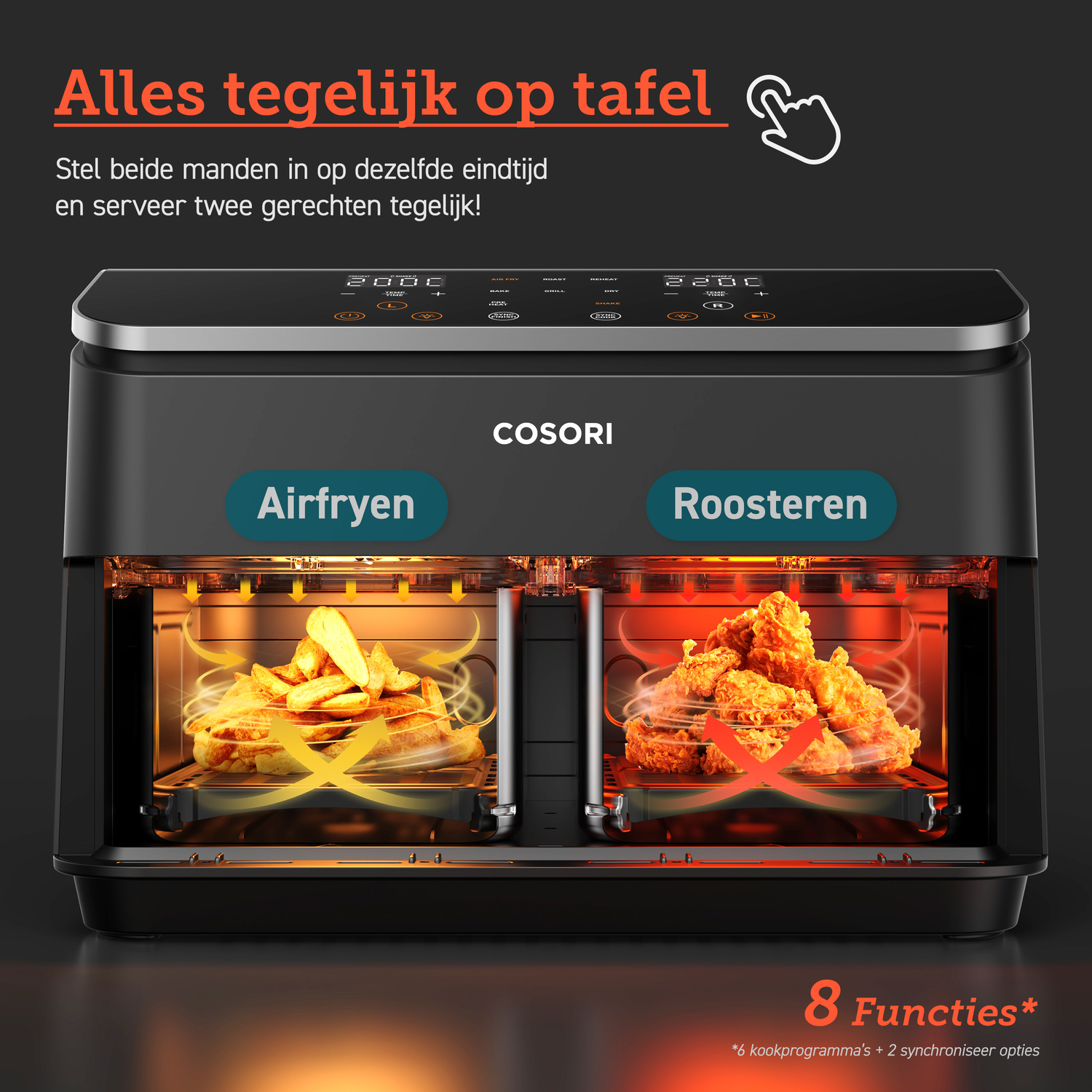 An air fryer showing fries and chicken. Text reads 'Airfryen' and 'Roosteren'.