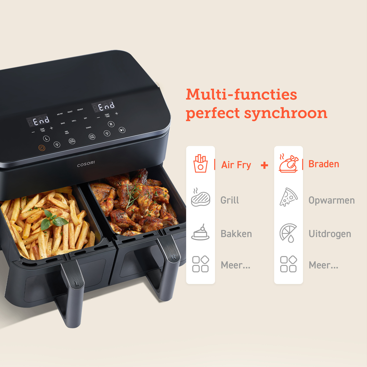 Black air fryer with a display and food in the two compartments.