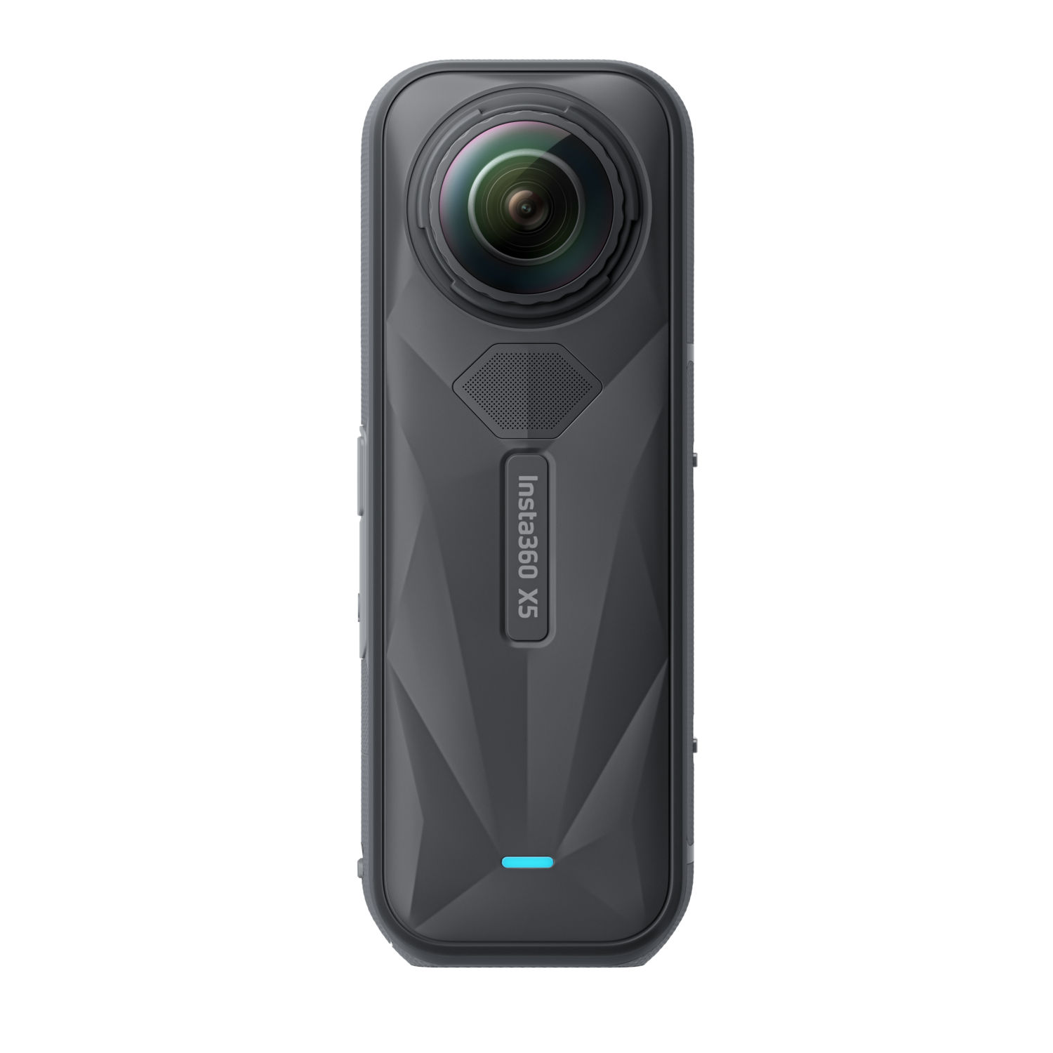 Eine schwarze Insta360 X5 Kamera mit Objektiv, Mikrofon und Knöpfen vor schwarzem Hintergrund.