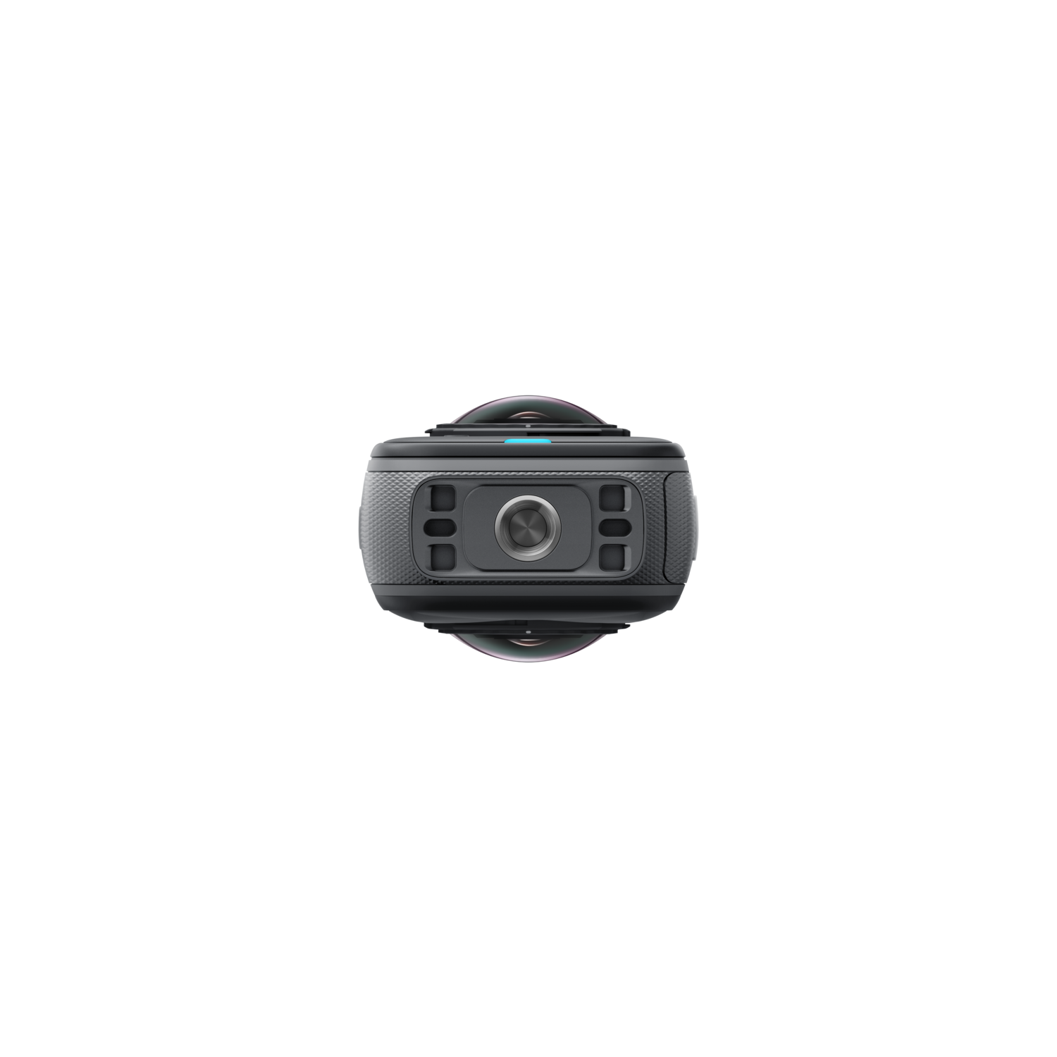 Eine schwarze 360°-Kamera mit mehreren Objektiven und einem Licht oben.