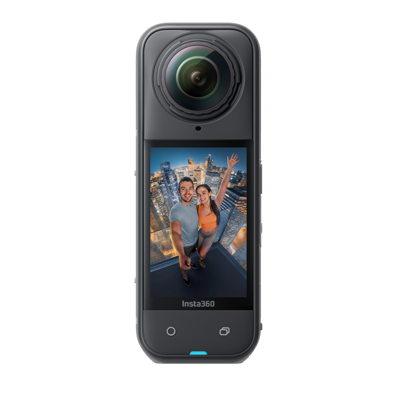 Grijze actiecamera met scherm waarop foto van stel staat. De lens zit bovenop.
