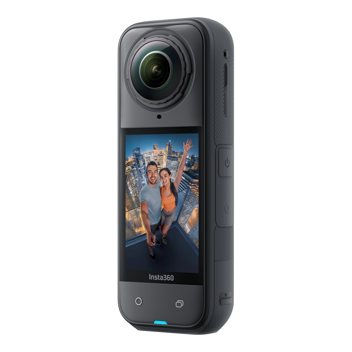 Zwarte Insta360-camera met scherm met mensen op een dak. Zwarte achtergrond.
