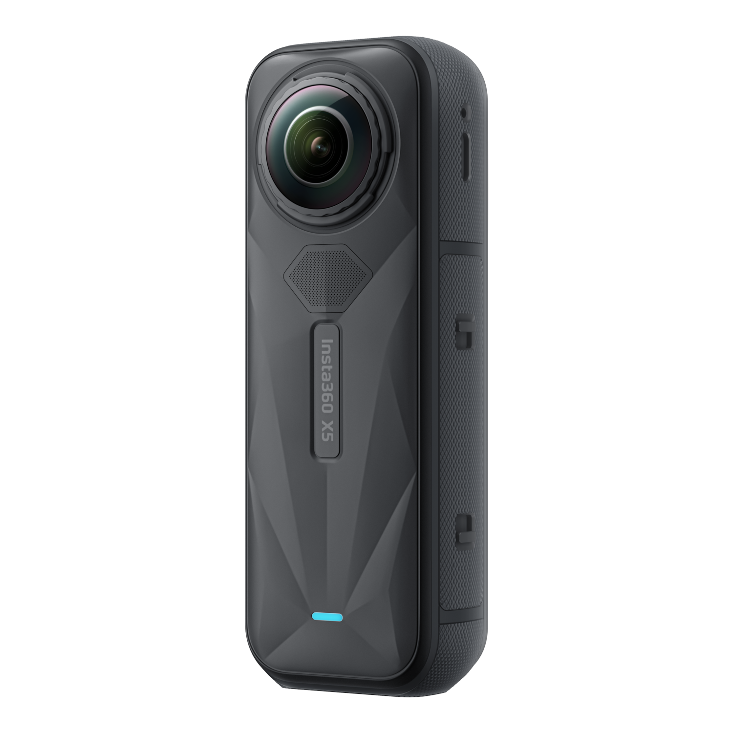 A black Insta360 X3 camera. Has a prominent lens and a diamond-patterned body.