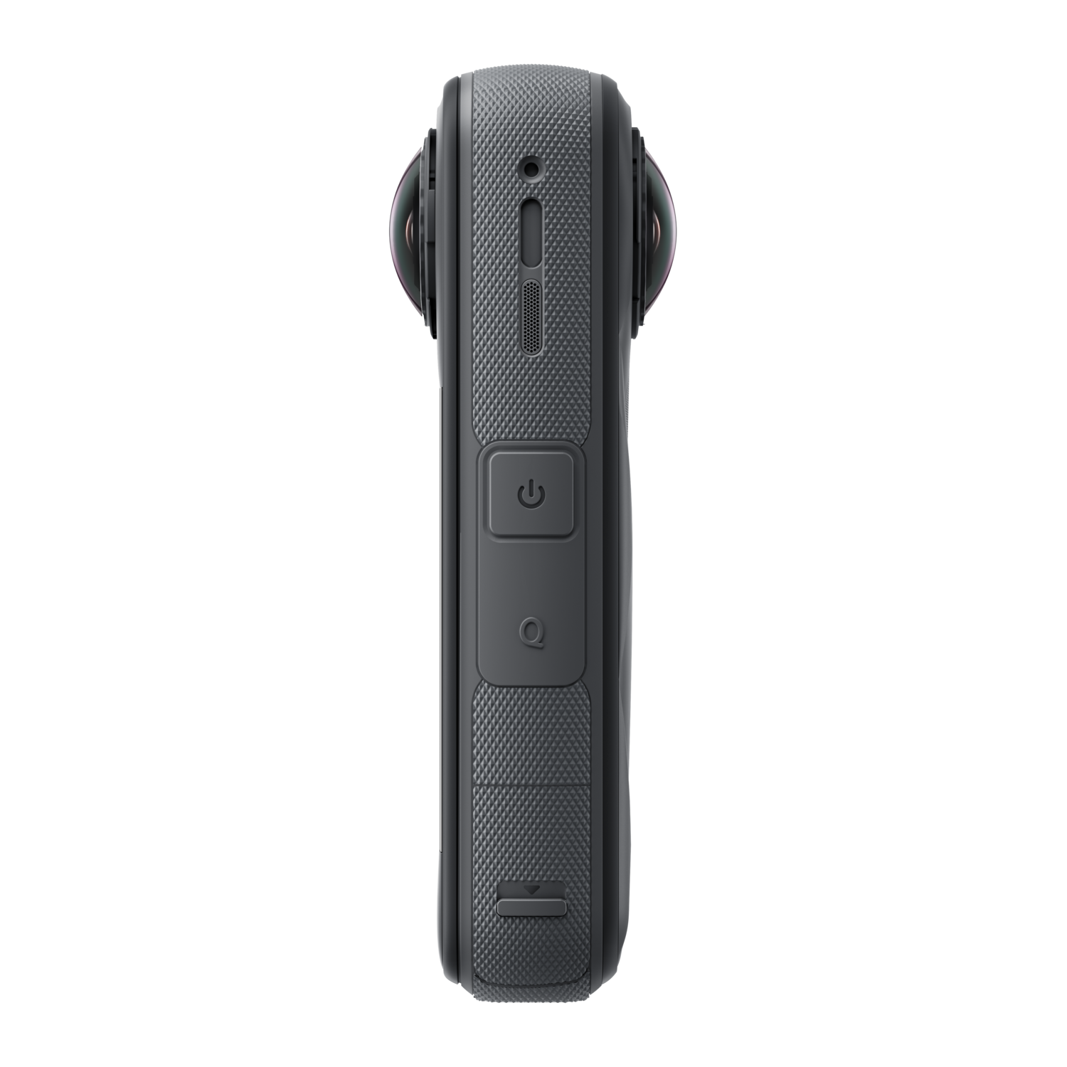 A black 360-degree camera with two lenses on each side. It has a power button and a quick-capture button. Black background.