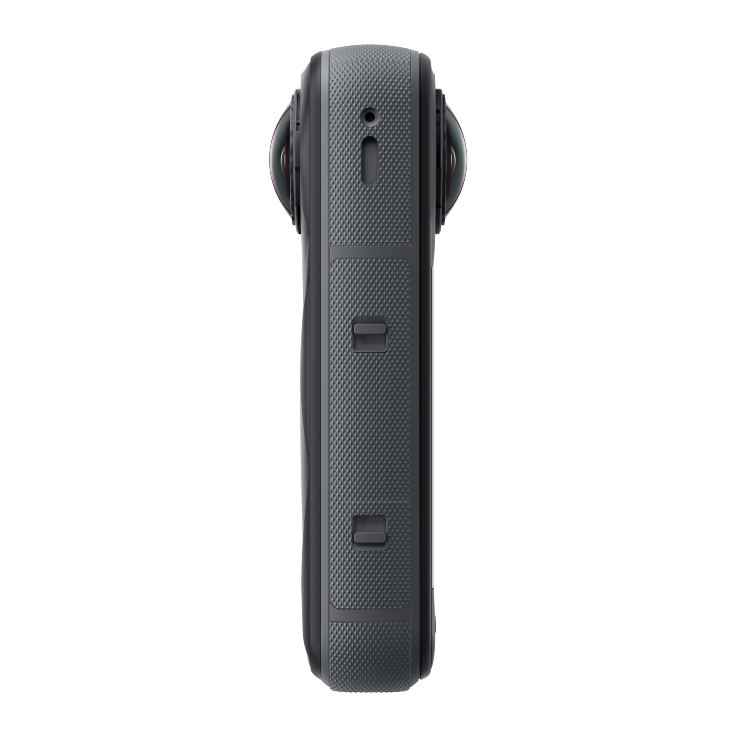 A black, elongated camera with two lenses and a textured surface.