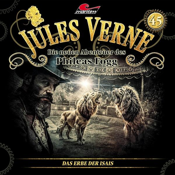 Poster: Jules Verne mit einem Mann und zwei Löwen in einem Zirkus.