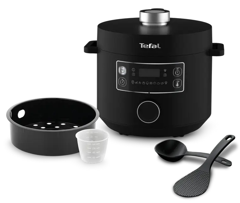 Czarny elektryczny multicooker Tefal z akcesoriami: miską, miarką i przyborami kuchennymi.